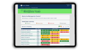 Tablet displaying a colorful project management app interface with graphs, metrics, and a "Retrospective Tracker" header.