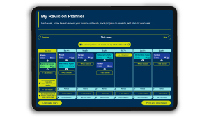 Digital revision planner displayed on a tablet, featuring a weekly schedule layout in blue and green, with various study tasks allocated in time slots.